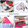 A set of multi-function pencil cases in pink and purple colors shown in various angles.