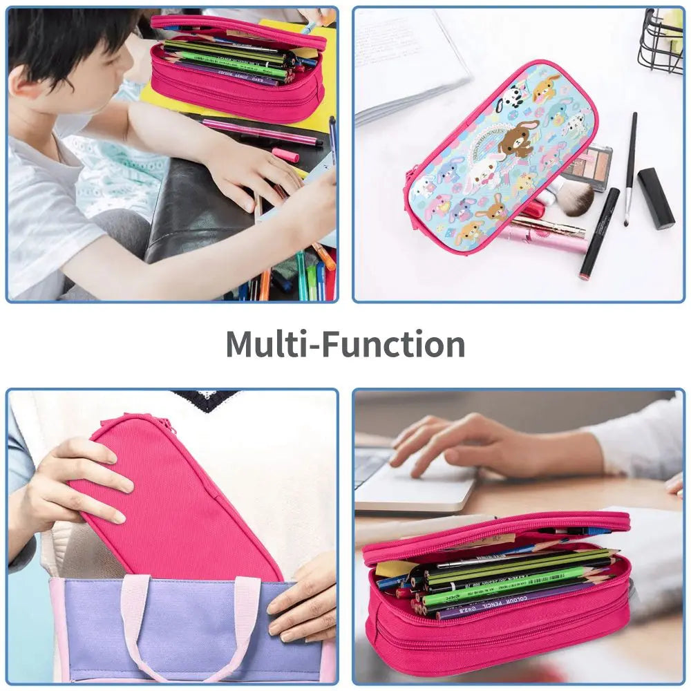 A set of multi-function pencil cases in pink and purple colors shown in various angles.