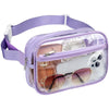 A clear plastic waist pack with a purple adjustable strap and a zippered compartment for sunglasses and other items.