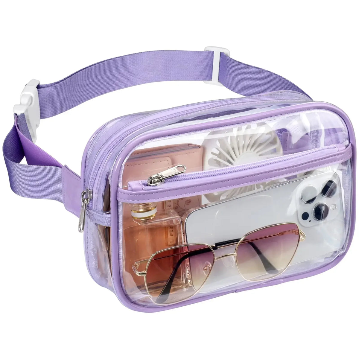 A clear plastic waist pack with a purple adjustable strap and a zippered compartment for sunglasses and other items.