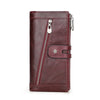 A dark burgundy genuine leather vintage clutch wallet with a zipper and snap closure.