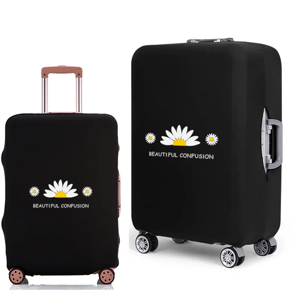 A black rolling suitcase with a dust cover featuring the text Beautiful Confusion on the side.