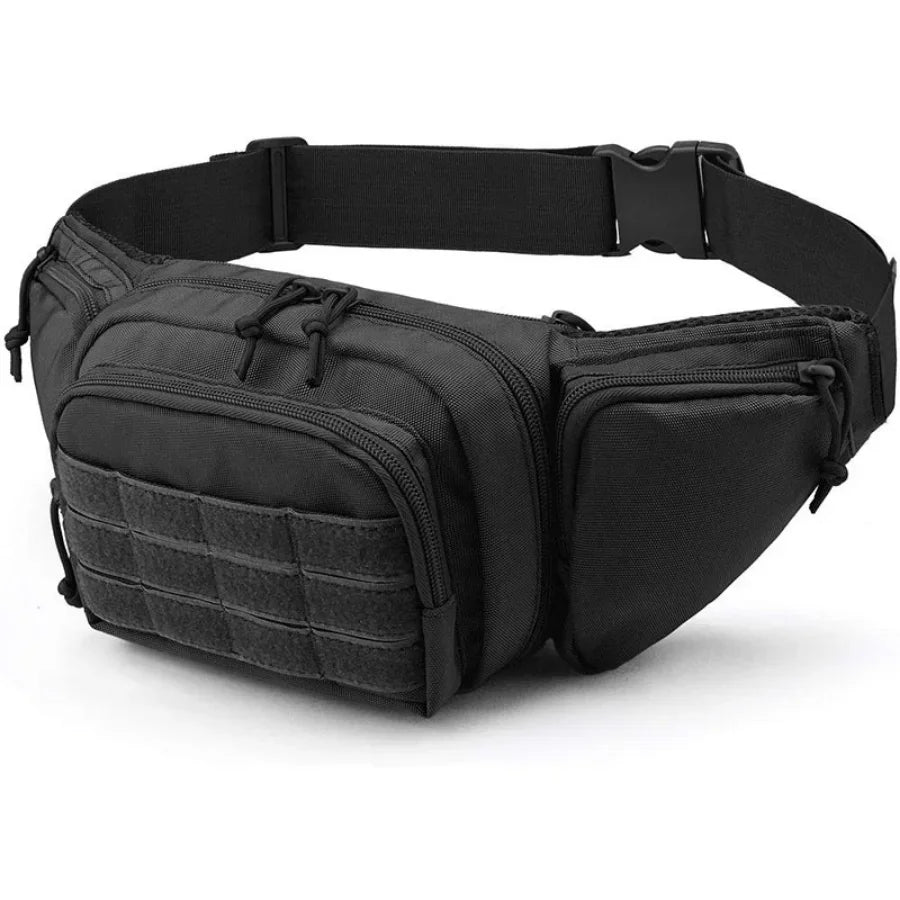 Black multi-compartment waist pack designed for outdoor adventures