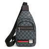 A dark gray patterned printed crossbody sling bag with a brown strap and zipper detail.