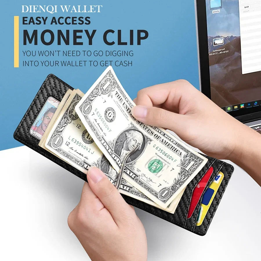 A hand is using a Dienqi Wallet money clip to access cash from inside the wallet.