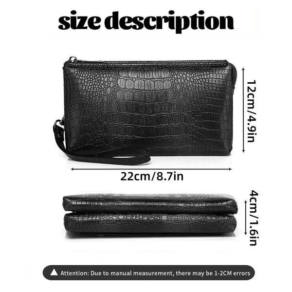 Schwarze Krokodilmuster-Clutch mit Maßenangaben