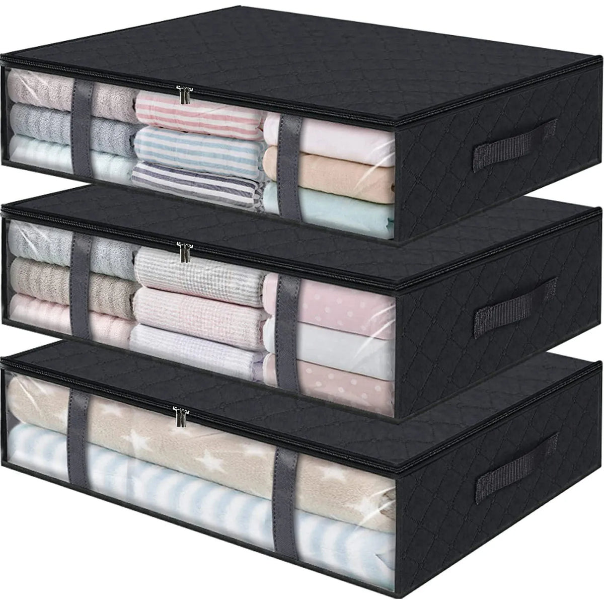 Three black under bed storage organizer bins filled with folded light-colored fabric and linen.