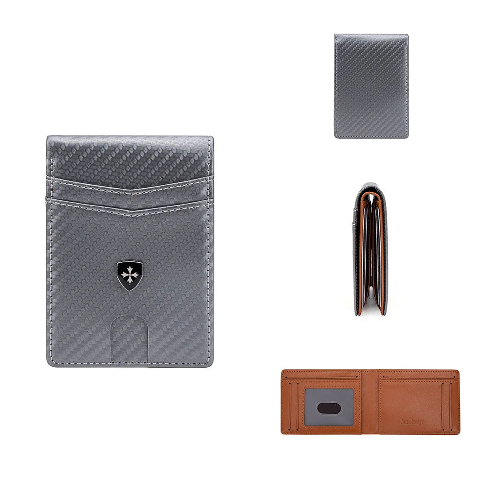 A set of gray leather wallets and a brown leather card holder with a money clip.