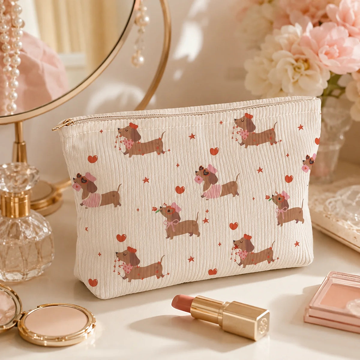 A beige cosmetic bag with a repeating pattern of pink and brown dachshunds rests on a light surface.