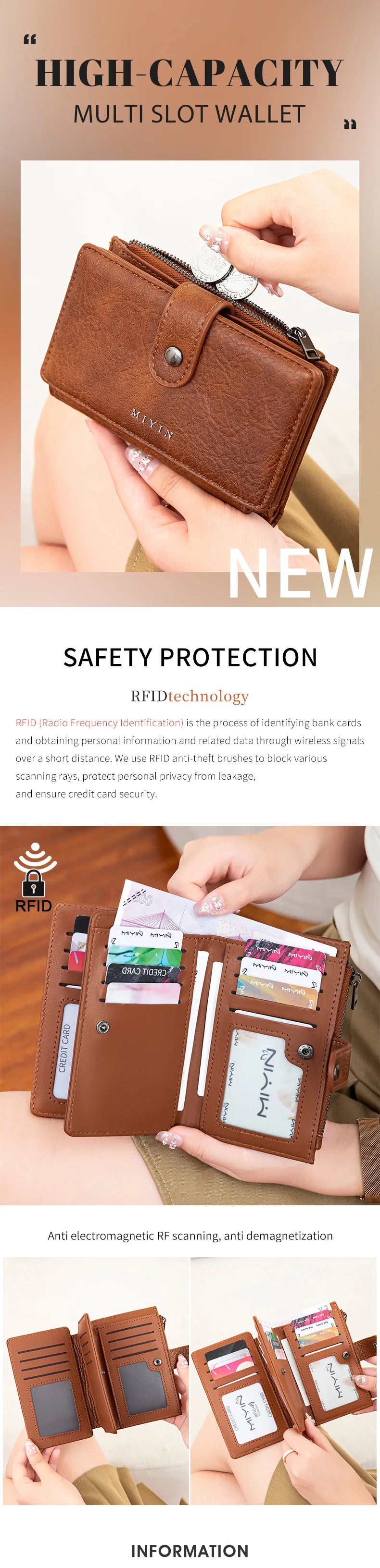 A brown multi-slot wallet with RFID protection features is shown being held by a hand.