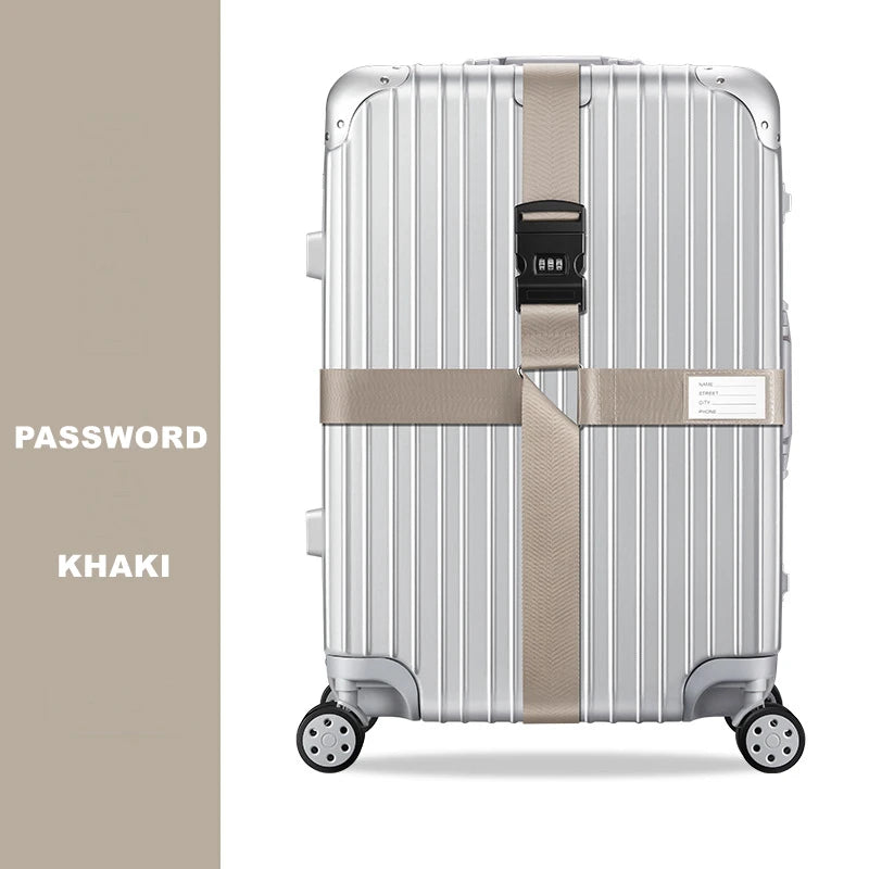 Silver adjustable luggage featuring a khaki cross strap and bundling belt.