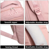 Close-up views of a pink travel backpack showing a smooth zipper, adjustable shoulder straps, sewing thread, and breathable s