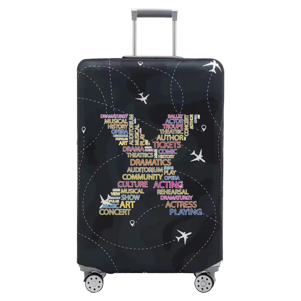 A black rolling suitcase with a dark patterned stretch fabric protection cover.
