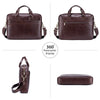 A brown genuine leather men's briefcase shown in multiple views, including a full bag and a clutch.