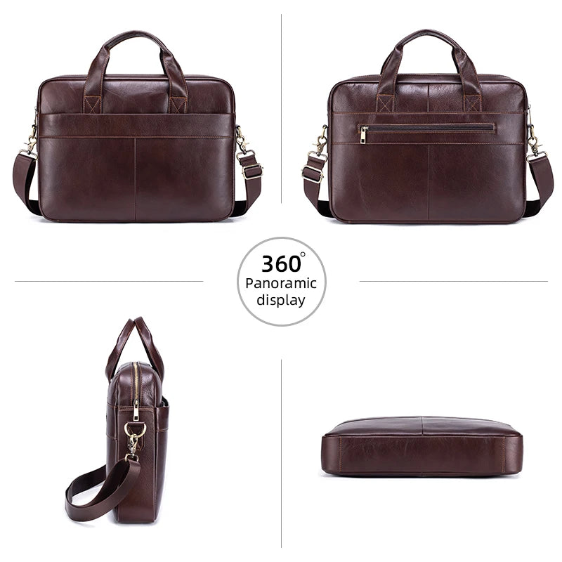A brown genuine leather men's briefcase shown in multiple views, including a full bag and a clutch.