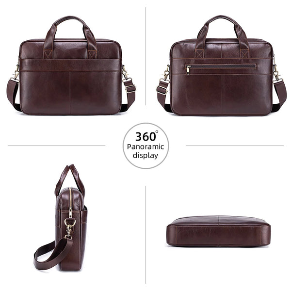 A brown genuine leather men's briefcase shown in multiple views, including a full bag and a clutch.