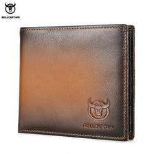 A brown genuine leather bifold wallet with a stitched edge and a embossed bull emblem.