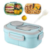 A light blue insulated lunch set containing sandwiches, fruit, and baked goods, along with a white spoon.