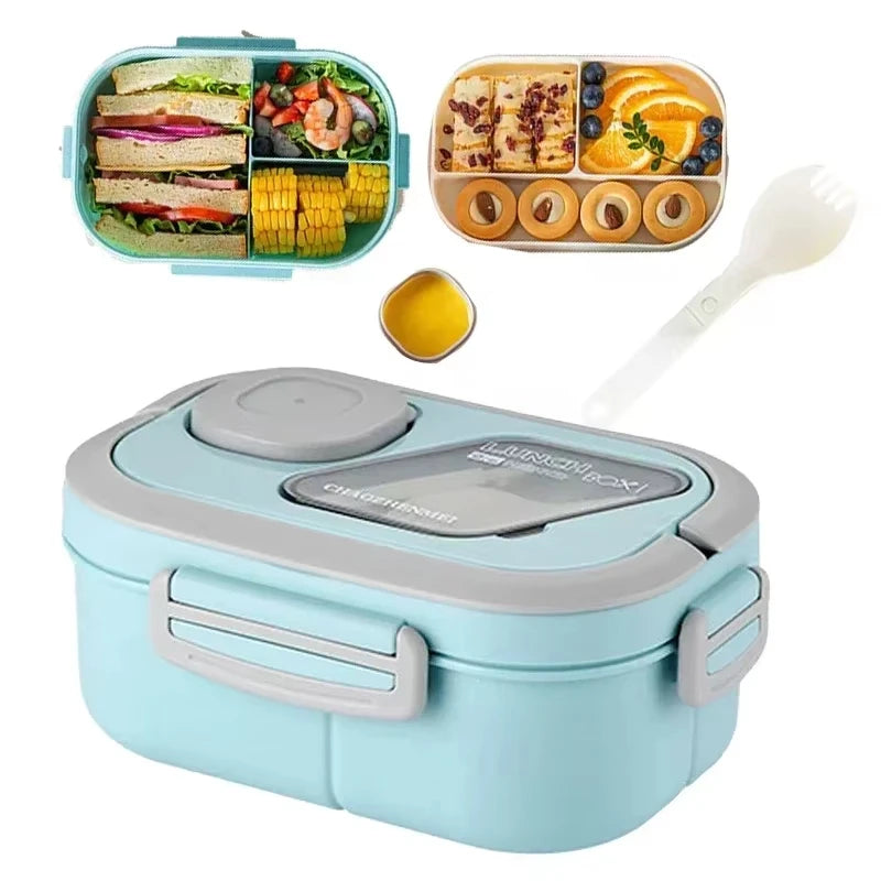 A light blue insulated lunch set containing sandwiches, fruit, and baked goods, along with a white spoon.