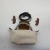 A beige waterproof nylon crossbody bag with a detachable mini pouch and leather straps.