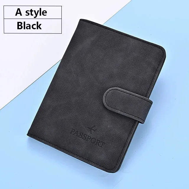 A black PU leather passport and ID holder cover displayed on a light blue background.
