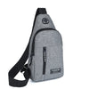 A gray water-resistant casual chest bag with a black strap and a zippered phone pocket.