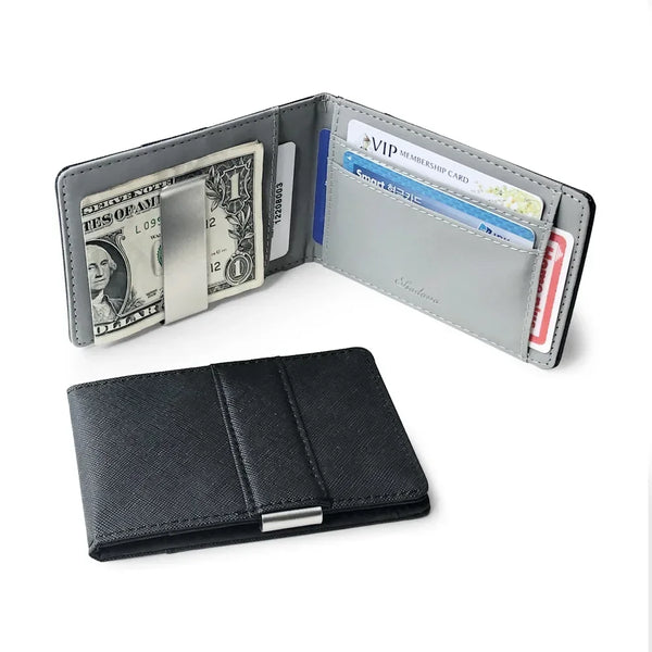 A black slim leather bi-fold wallet with a money clip and various cards is shown open and closed.