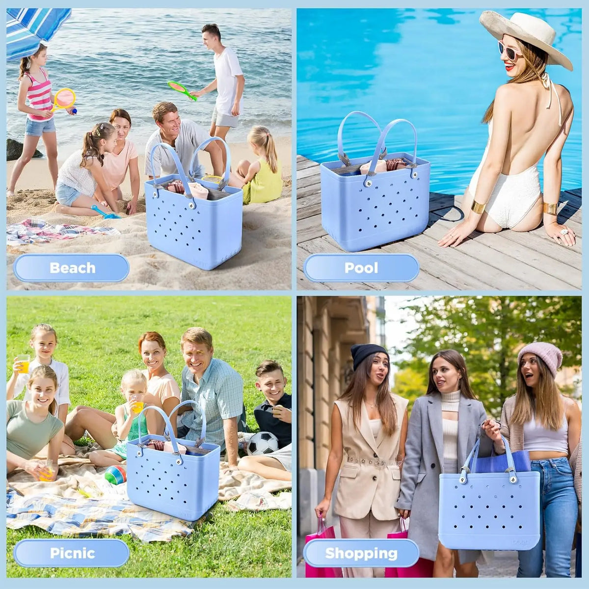 A collection of images showing mesh organizer inserts for extra-large tote bags used in various contexts like beach, pool, pi