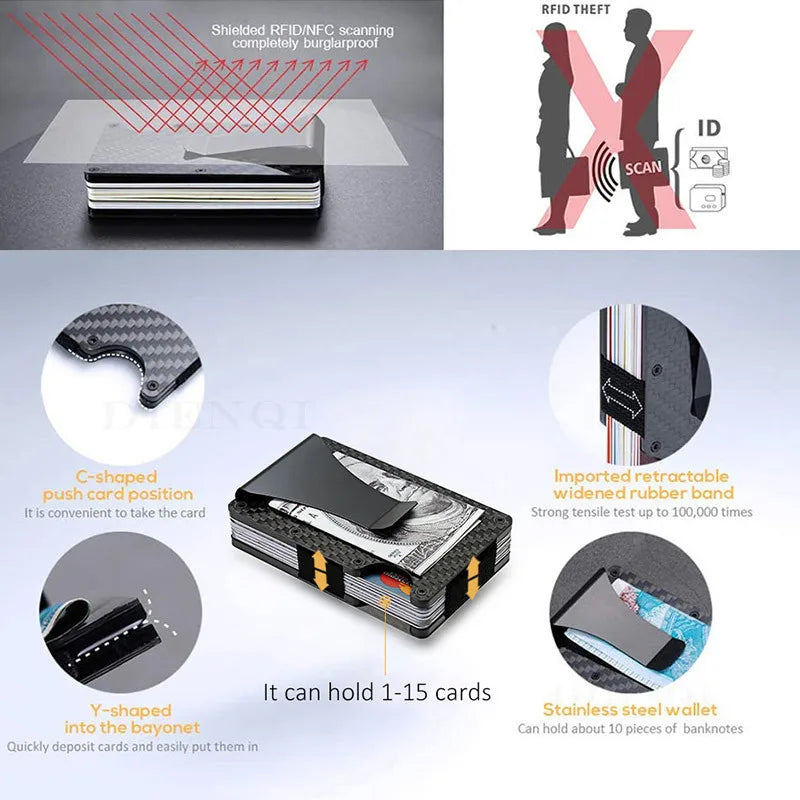 Cartera de aluminio delgada con bloqueo RFID, ranuras para tarjetas y banda de goma retráctil