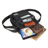 Sac de voyage noir multi-couches extérieur avec sangle et smartphone à l'intérieur