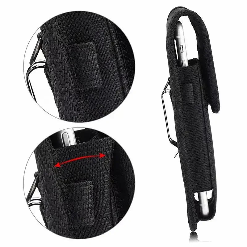 Black universal phone belt clip pouch designed for outdoor use, shown in various angles.