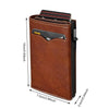 A brown leather slim retro RFID pop-up card holder wallet for men with multiple cards inside.
