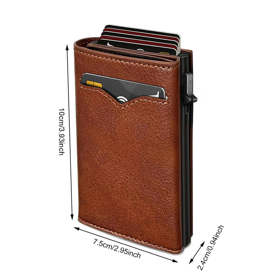 A brown leather slim retro RFID pop-up card holder wallet for men with multiple cards inside.