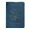 A dark blue leather passport holder embossed with the United States of America eagle design.