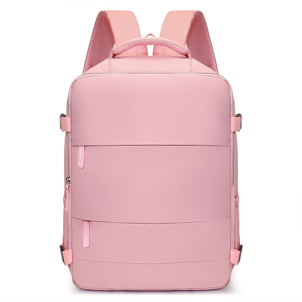 Pinkes Reise-Boarding-Rucksack mit rosa Trägern und mehreren horizontalen Fächern.