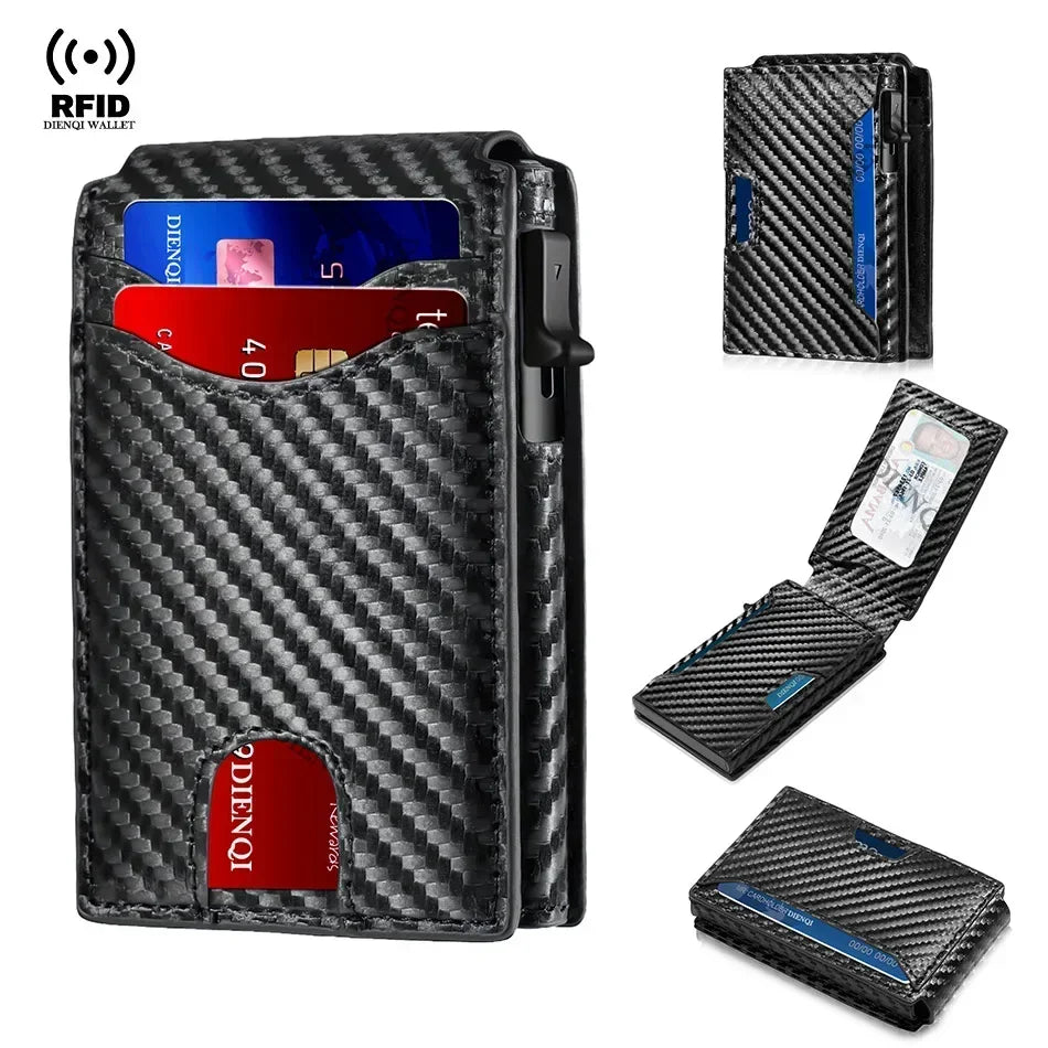 A black carbon fiber slim RFID protection wallet with multiple card slots.