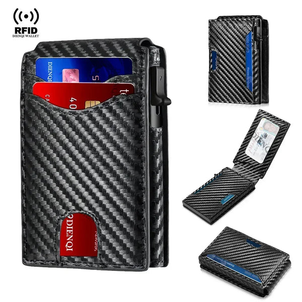 A black carbon fiber slim RFID protection wallet with multiple card slots.