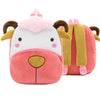 A pink cartoon animal plush backpack shaped like a lion face with brown ears and a white muzzle.