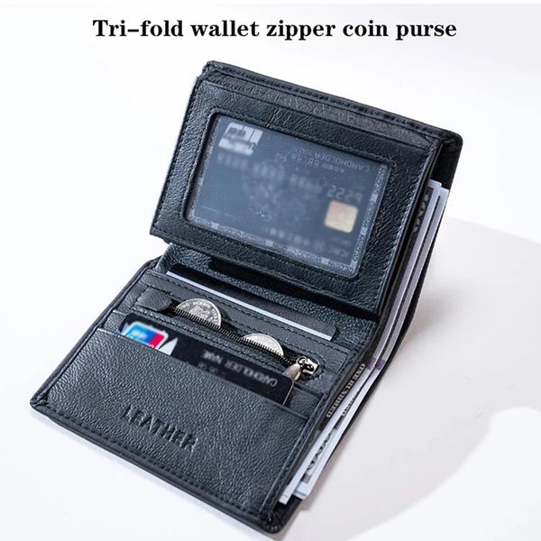 A black tri-fold wallet with a zipper closure showing a leather card slot and a clear plastic window.