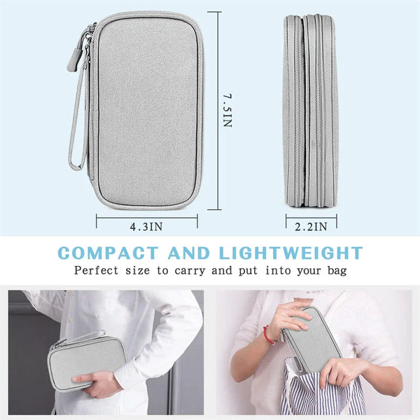 Bolsa organizadora de cables impermeable plateada mostrada en varias vistas y contextos de uso.