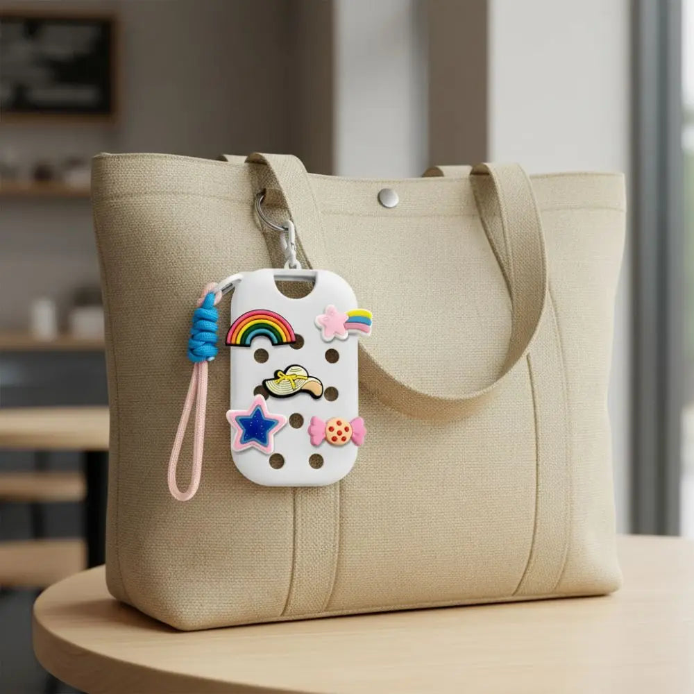 A beige canvas tote bag with a white charm keyring featuring a rainbow, stars, and clouds.
