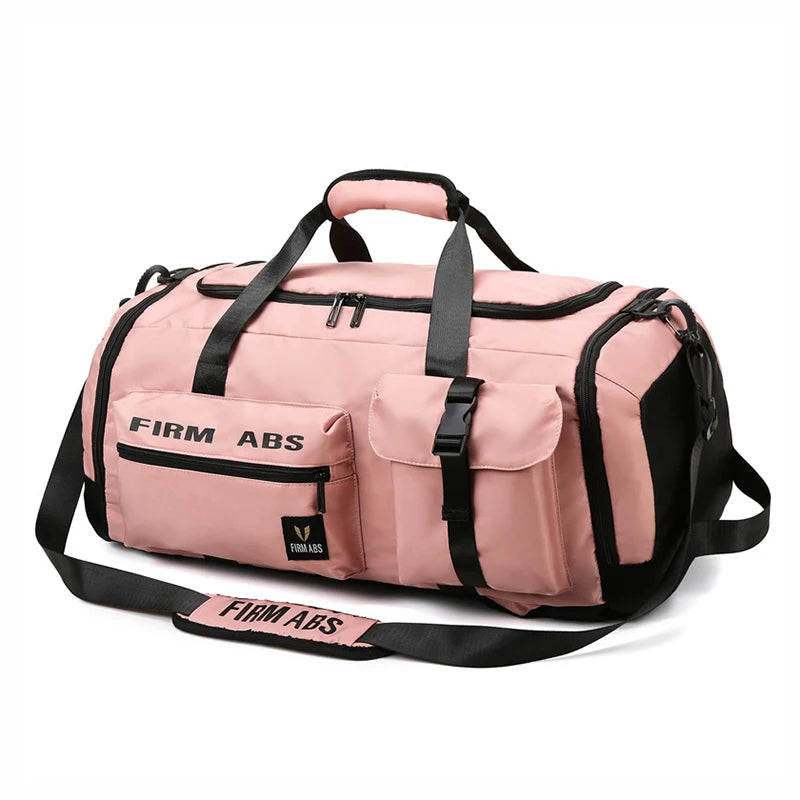 A pink tactical backpack with black accents and straps is shown against a white background.