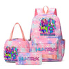 A pink multi-compartment backpack set featuring a vibrant floral pattern and a hunting theme.