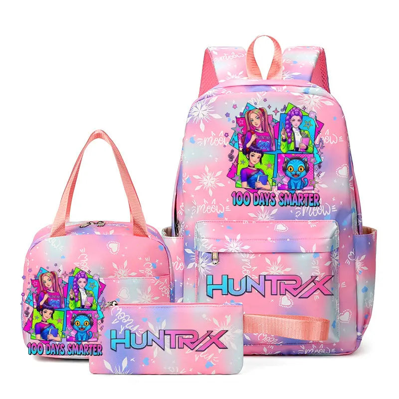 A pink multi-compartment backpack set featuring a vibrant floral pattern and a hunting theme.