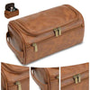 A brown leather toiletry bag with a zippered compartment and a small accessory pouch.