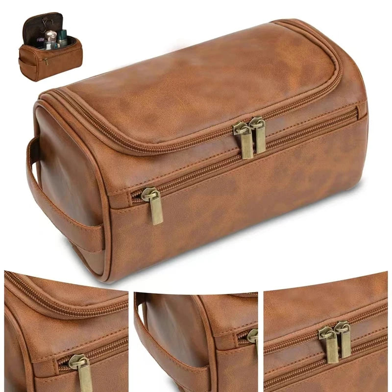 A brown leather toiletry bag with a zippered compartment and a small accessory pouch.