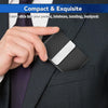 A hand slides a white business card into a black PU leather card holder inside a suit jacket pocket.