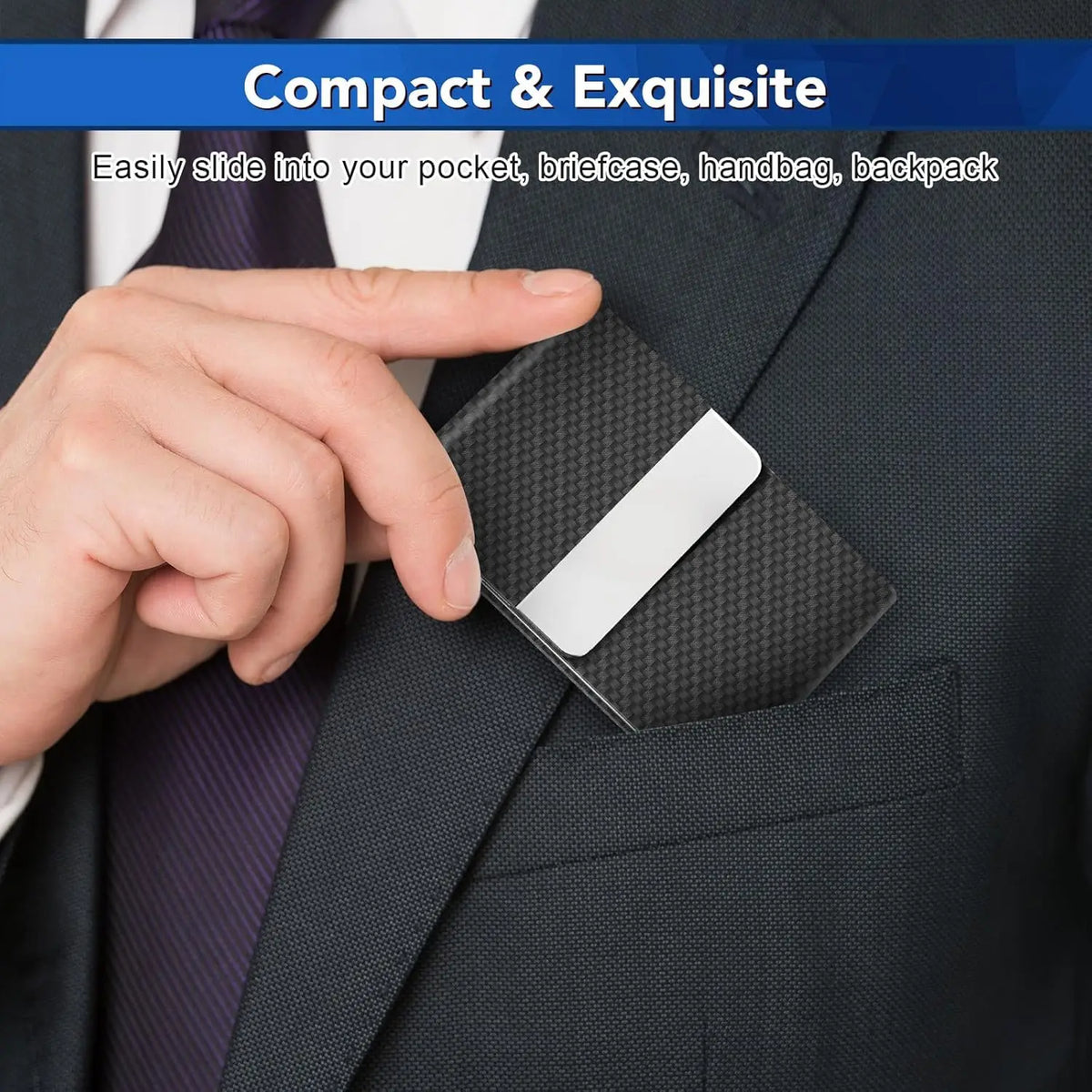 A hand slides a white business card into a black PU leather card holder inside a suit jacket pocket.