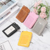 A collection of colorful PU leather card holder wallets in various shades including brown pink gray and yellow displayed on a