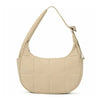 A beige quilted nylon shoulder bag with an adjustable strap.